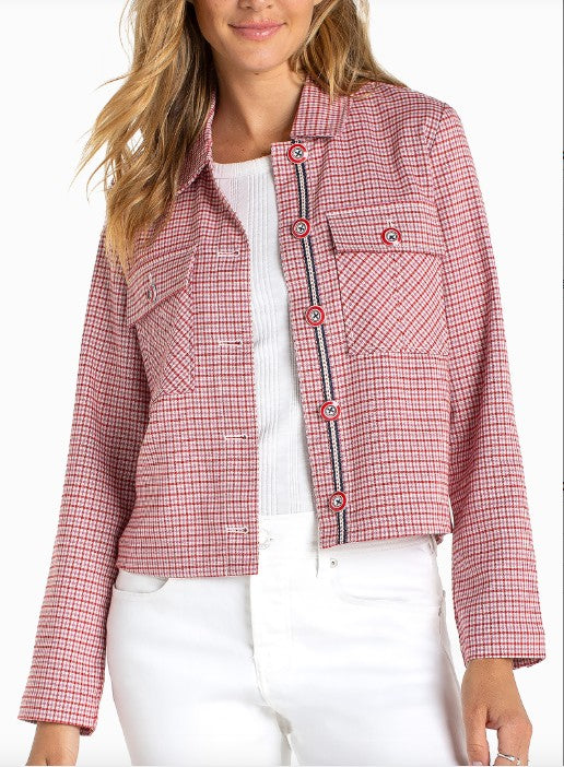 Shacket with Flap Pockets in Cherry Red Tattersall Plaid Stretch Woven
