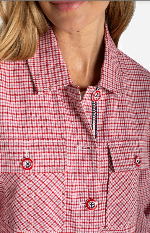 Shacket with Flap Pockets in Cherry Red Tattersall Plaid Stretch Woven