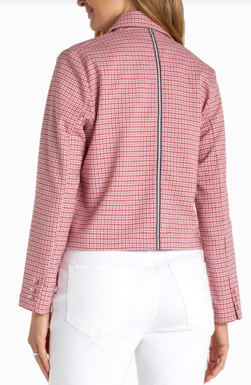Shacket with Flap Pockets in Cherry Red Tattersall Plaid Stretch Woven