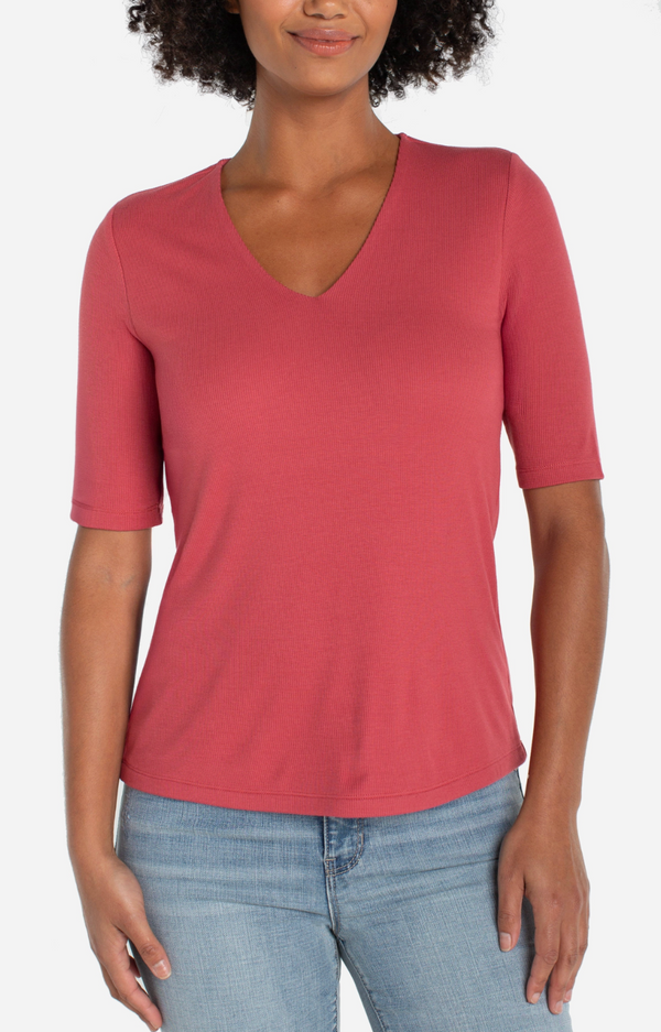 Double Layer V-neck Rib Knit Top in Garnet Rose
