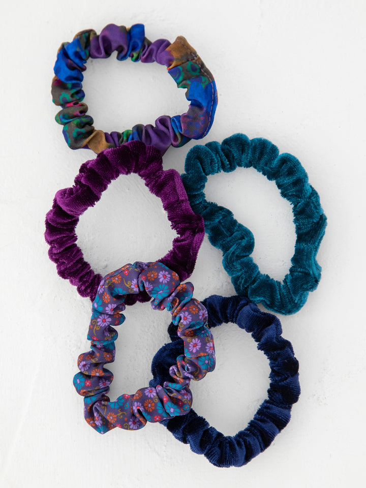 Print and Velvet Scrunchies in Navy - Set of 5
