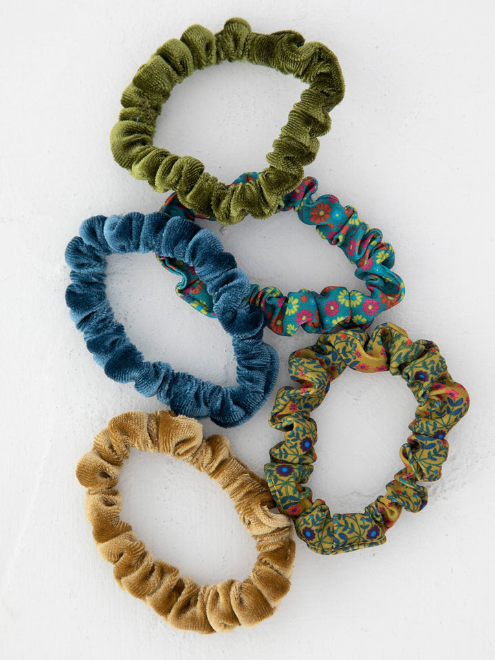 Print and Velvet Scrunchies in Sage - Set of 5