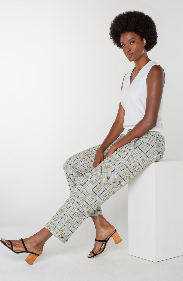 Utility Cargo Crop with Tab Hem in Taupe Plaid