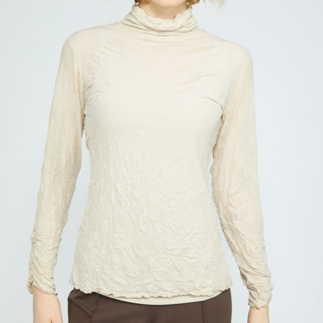 Crinkle Mesh Ruched Turtle Neck in Cloud