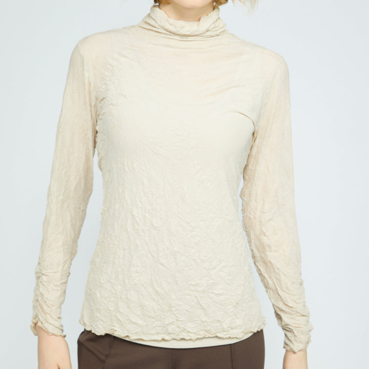 Crinkle Mesh Ruched Turtle Neck in Cloud