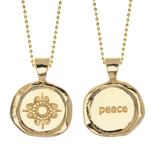 Gold Wax Charm Necklace on Gold Chain - peace