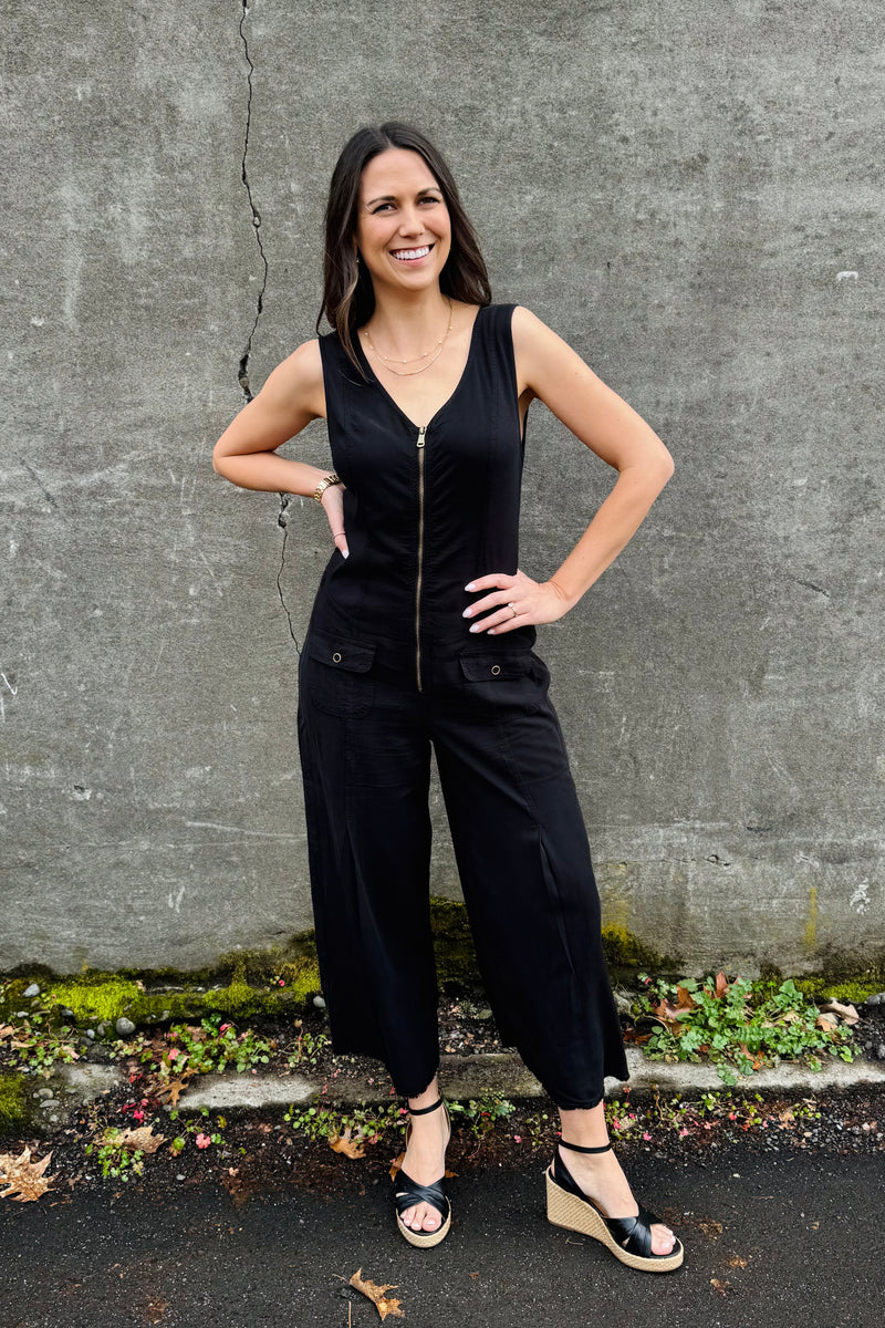 Linette Twill Zip-Up V-Neck Jumpsuit in Black