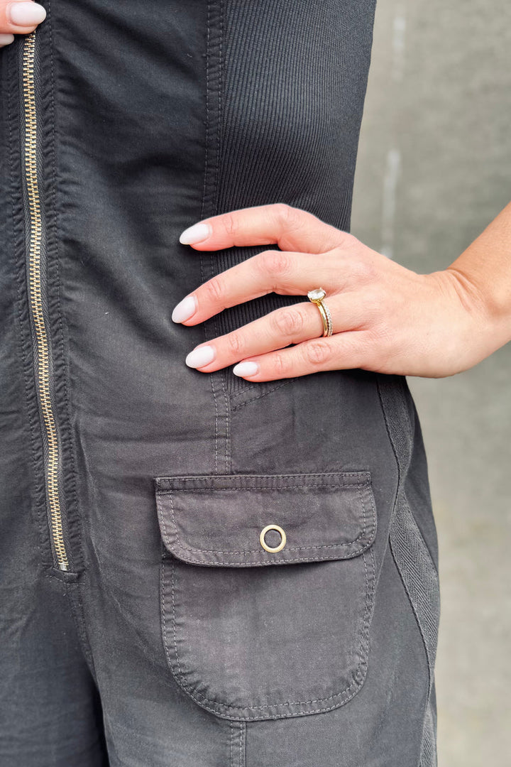 Linette Twill Zip-Up V-Neck Jumpsuit in Black