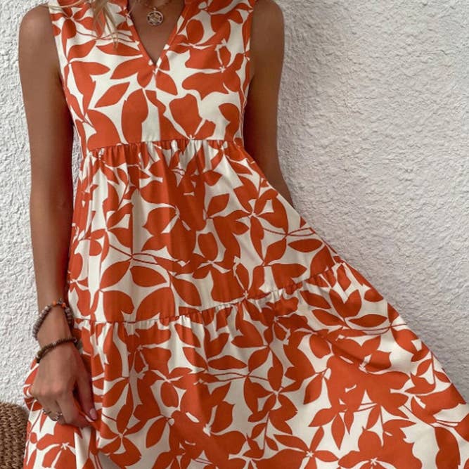 Sleeveless V Neck Flower Print Splicing Dress in Orange