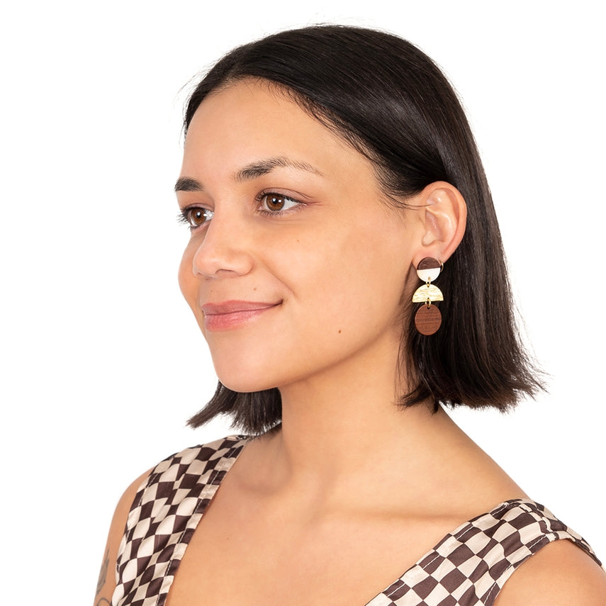 Wood Disk Stack Earrings in Cream