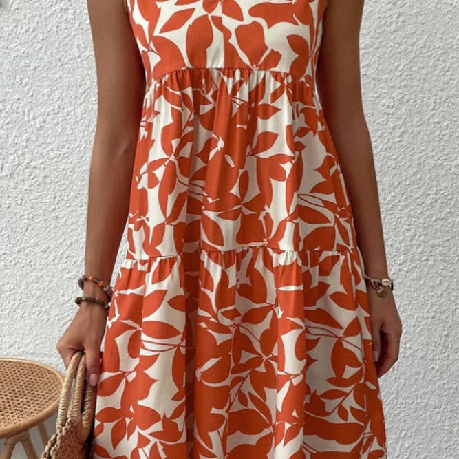 Sleeveless V Neck Flower Print Splicing Dress in Orange