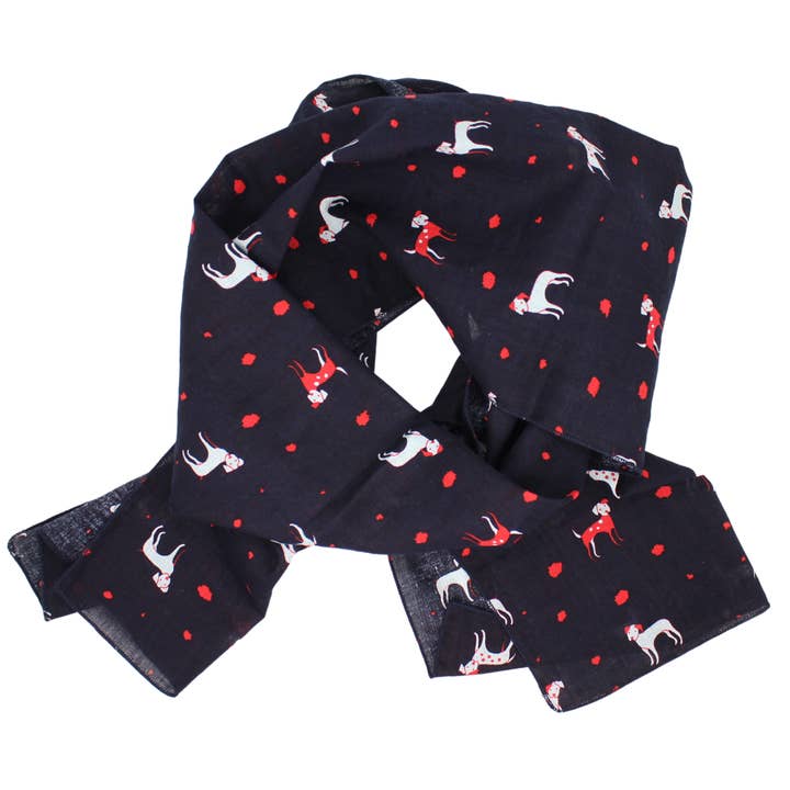 Cotton + Rayon Oblong Scarf - Black and Red Dogs