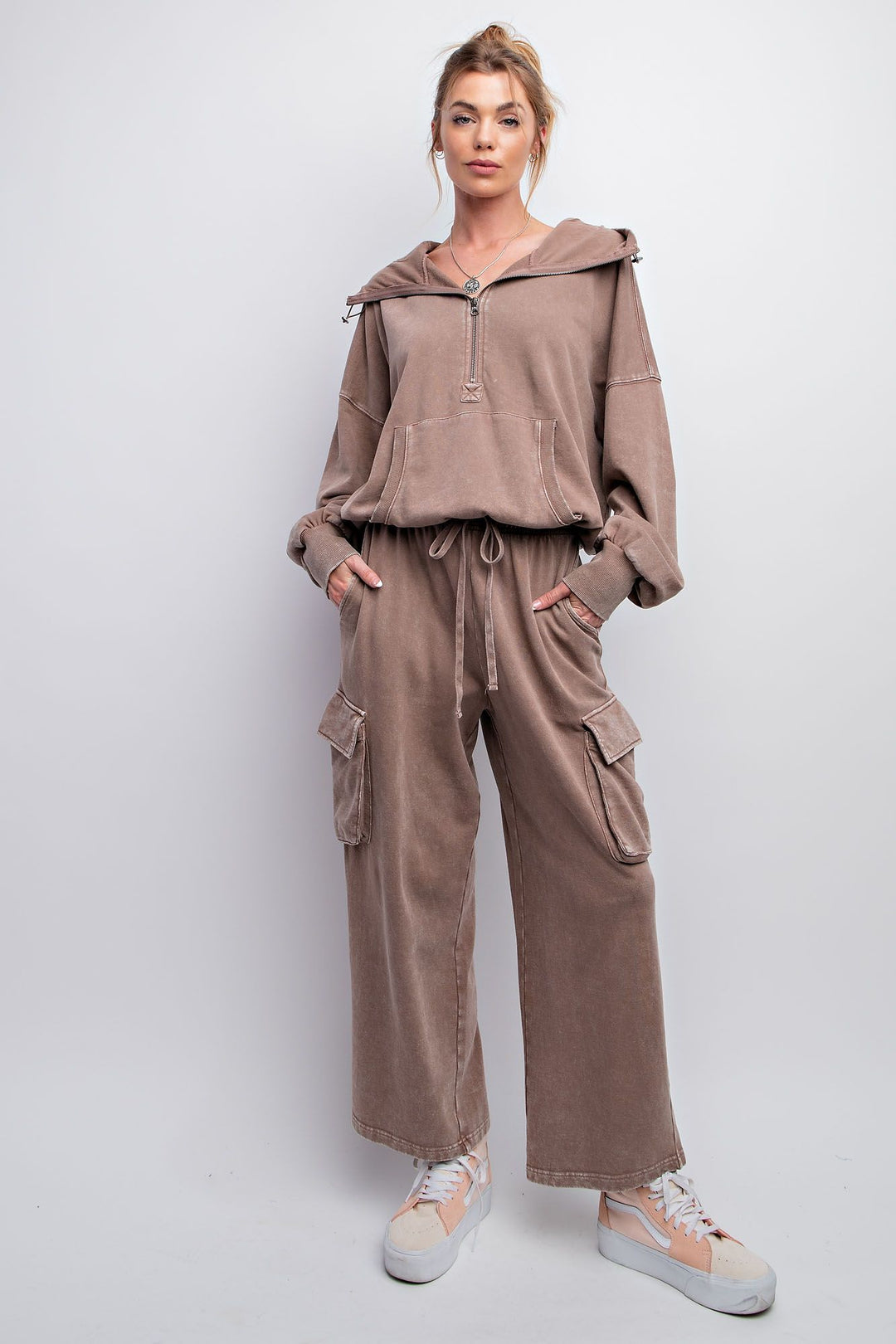 Slouchy Terry Knit Cargo Pants in Mocha