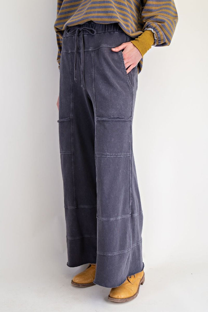 Washed Wide Leg Terry Pants in Black