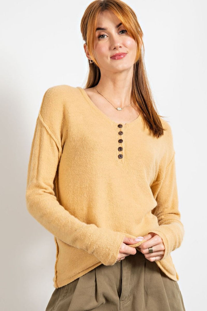 Knitted Henley Sweater in Honey Butter