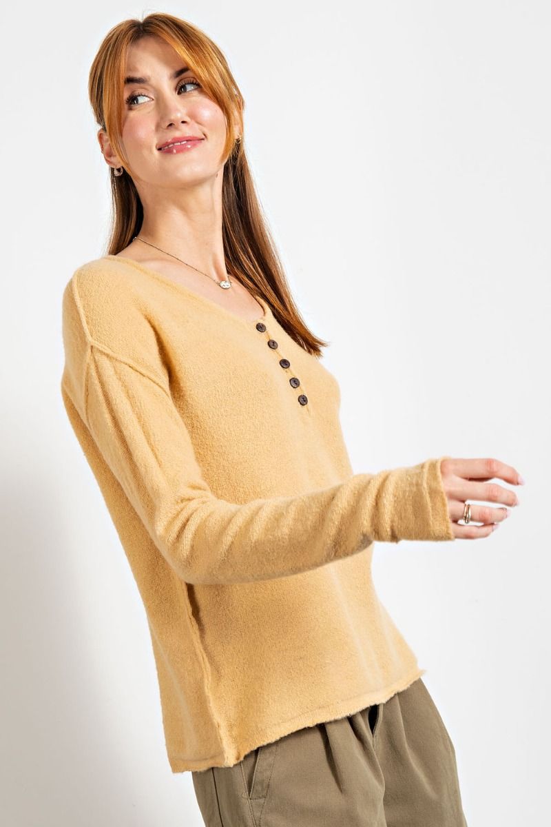Knitted Henley Sweater in Honey Butter