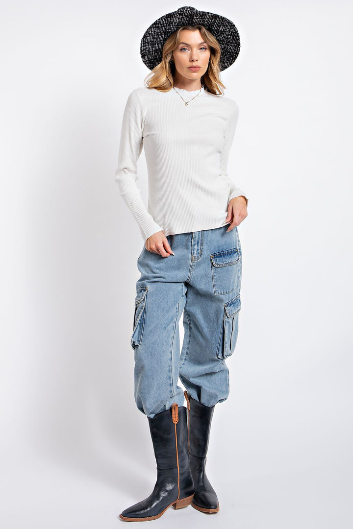 Washed Rib Knit Fitted Top in White