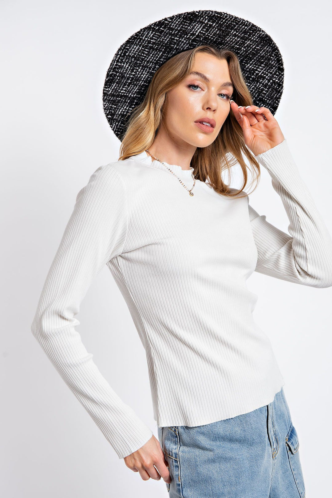 Washed Rib Knit Fitted Top in White