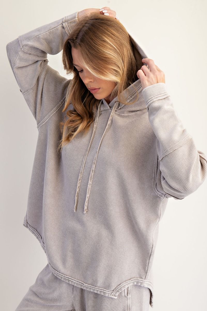 Mineral Washed Texture Terry Hoodie Pullover in Smoke