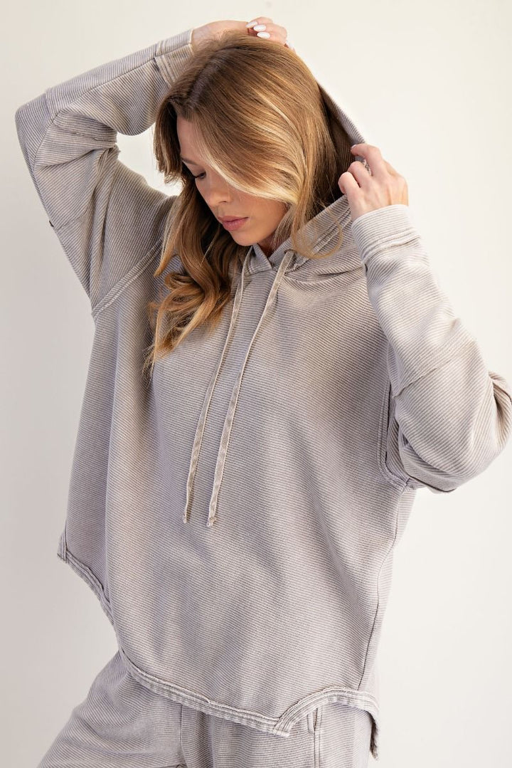 Mineral Washed Texture Terry Hoodie Pullover in Smoke