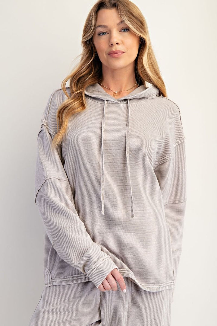 Mineral Washed Texture Terry Hoodie Pullover in Smoke