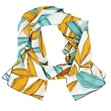 Cotton + Rayon Oblong Scarf - Orange and Blue Leaves