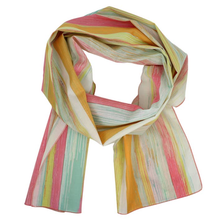 Cotton Voile Scarf in Blue and Orange Stripe