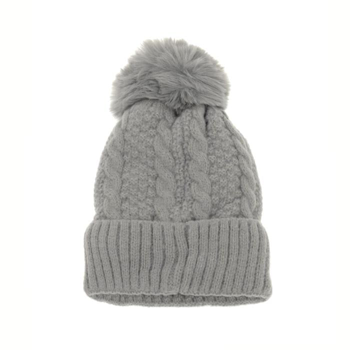Grey Classic Cable PomPom Hat