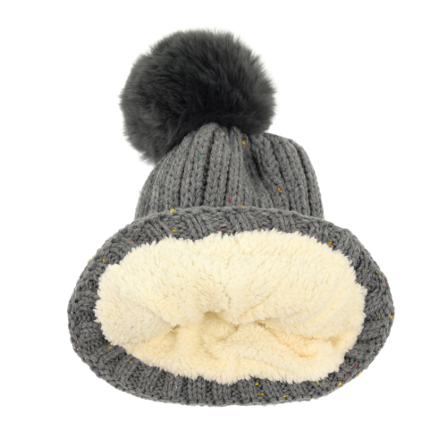 Grey Color Flecked Pom Pom Hat