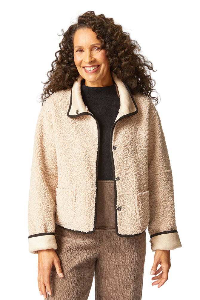 Live In Reversible Faux Suede Kiki Sherpa Jacket in Dove