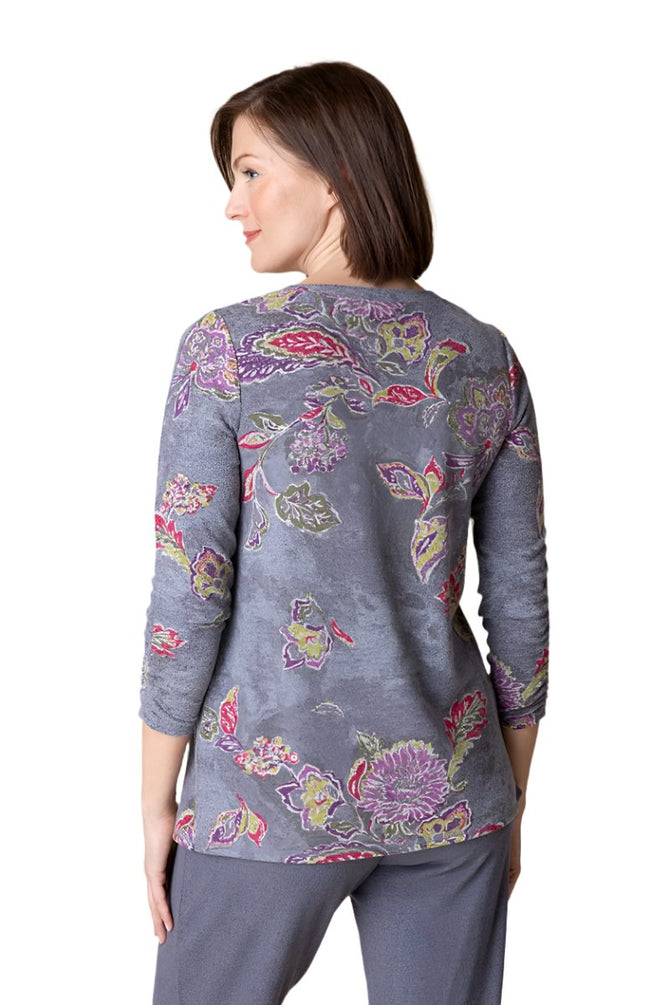 Floral Fleece Ruched Sleeve V Neck