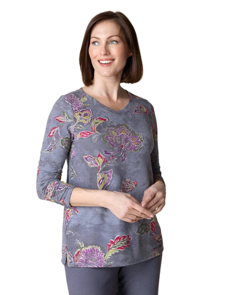 Floral Fleece Ruched Sleeve V Neck