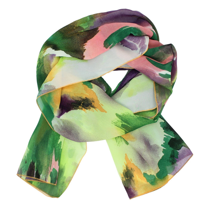 Chiffon Poly Scarf in Coral, Eggplant and Greenery