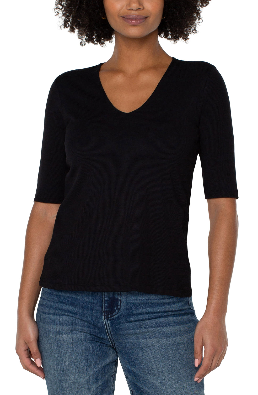 Double Layer V-neck Rib Knit Top in Black