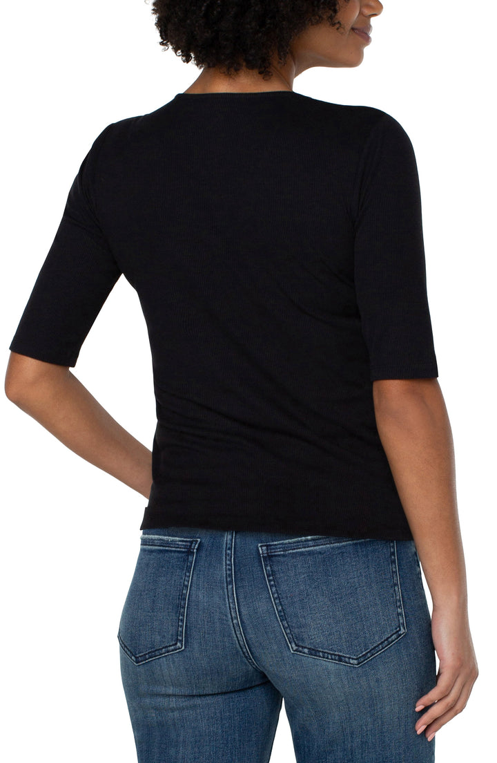 Double Layer V-neck Rib Knit Top in Black