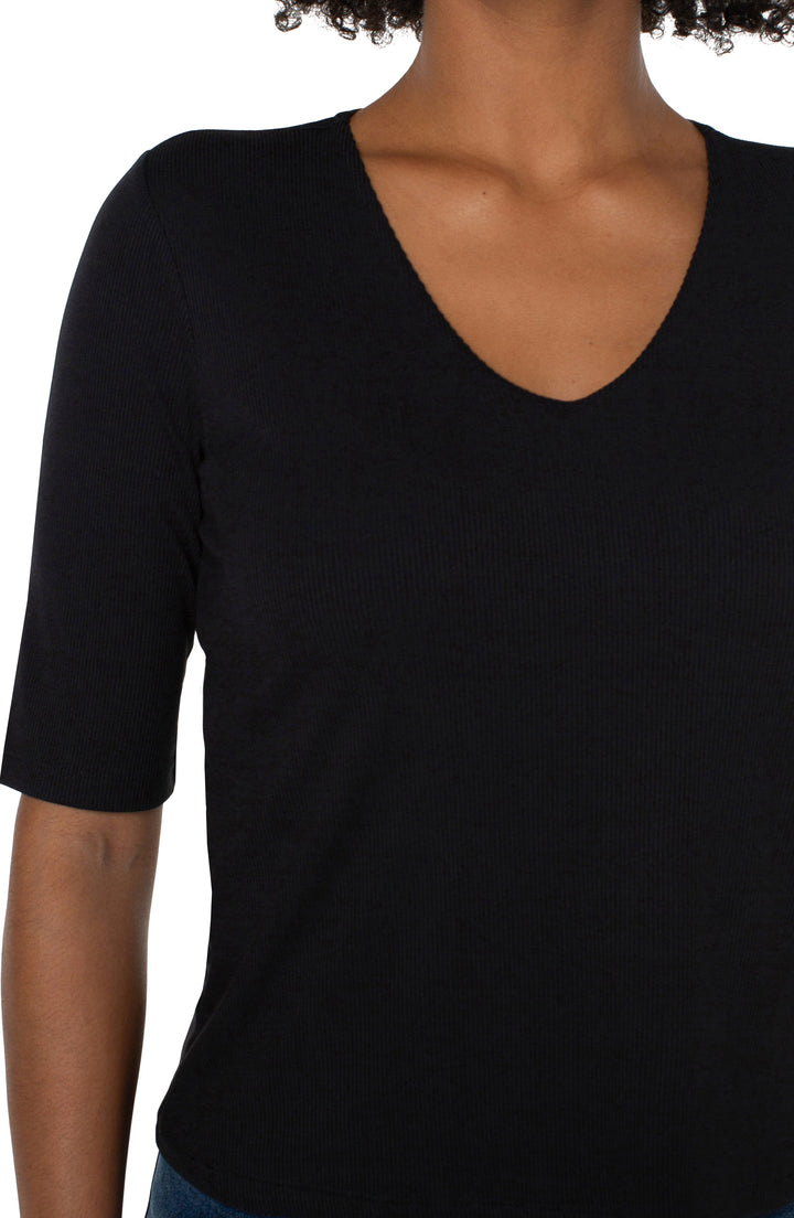 Double Layer V-neck Rib Knit Top in Black