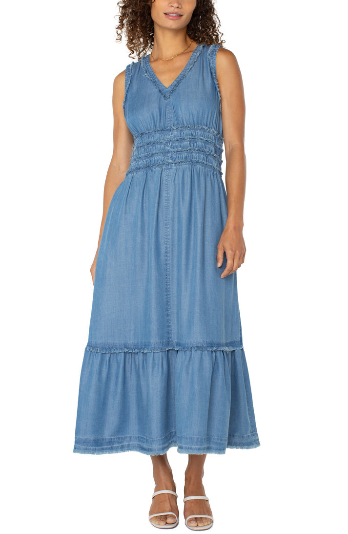 Smocked v-Neck Fray Dress in Delwood