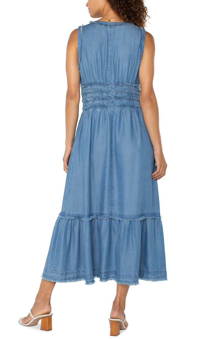 Smocked v-Neck Fray Dress in Delwood