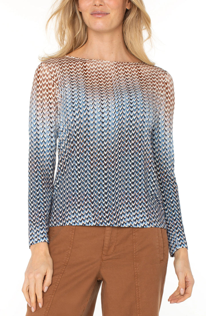 Long Sleeve Boat Knit Top in Blue Tan Multi