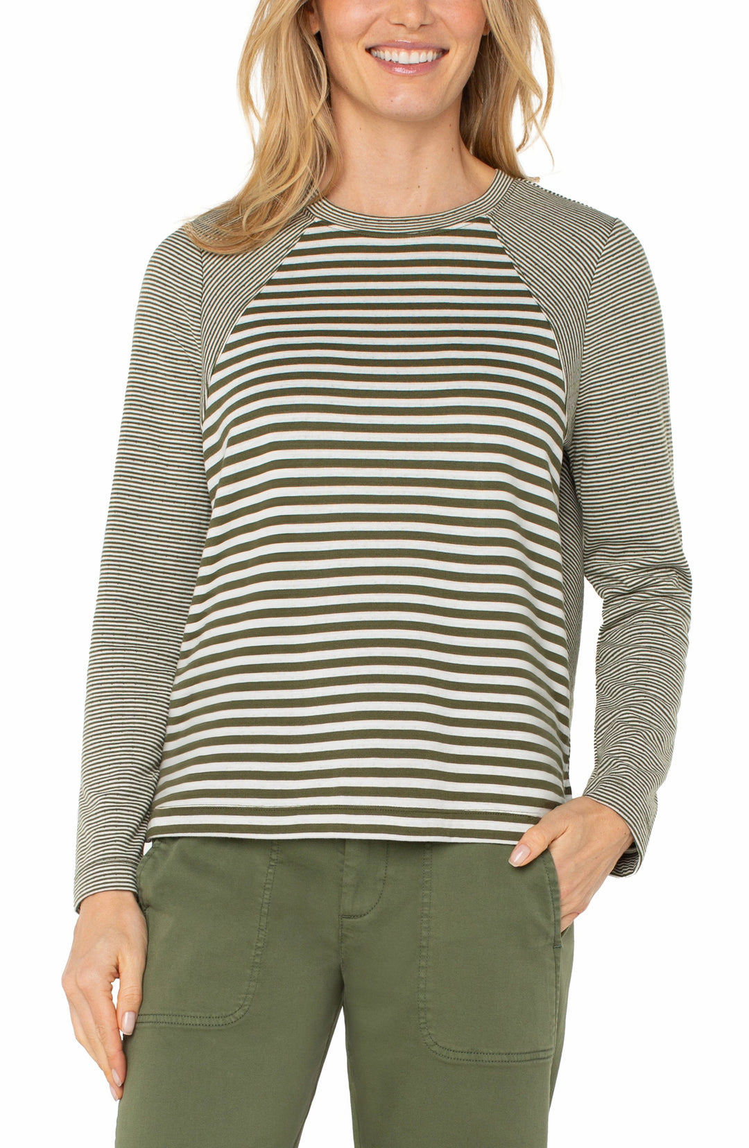 Long Sleeve Crew Neck Knit Top W/ Seaming in Forest