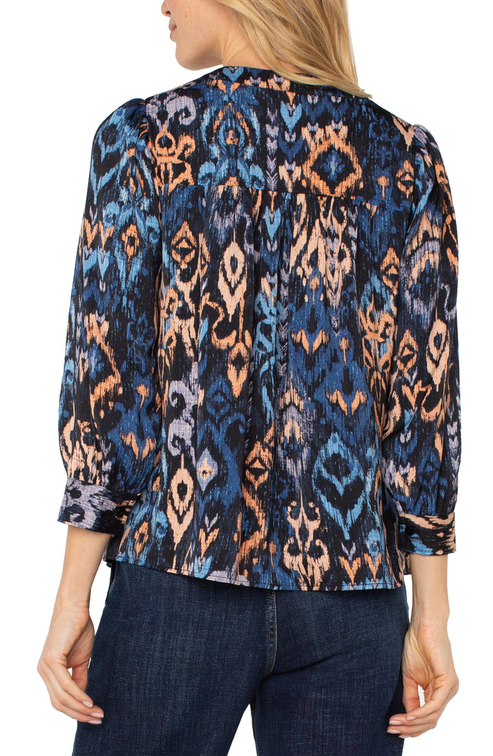 3/4 Sleeve V-neck Woven Blouse in Blue Multi Ikat