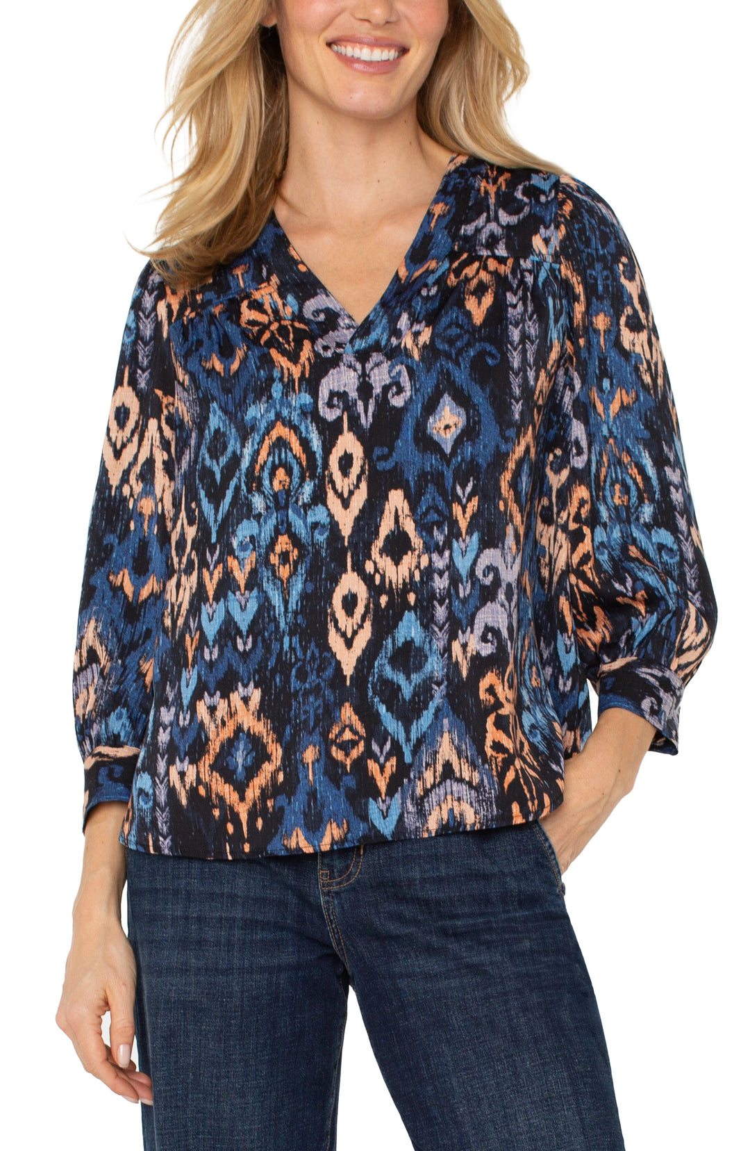 3/4 Sleeve V-neck Woven Blouse in Blue Multi Ikat