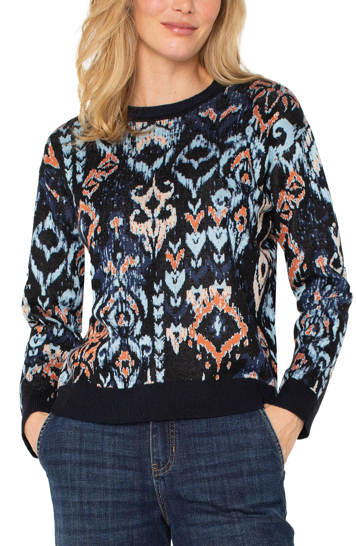 Long Sleeve Drop Shoulder Jacquard Sweater in Blue Multi Ikat