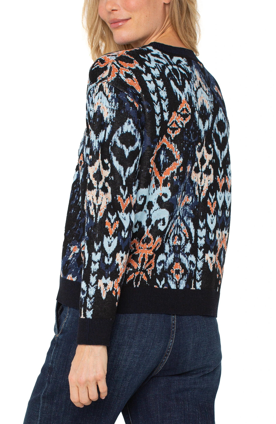 Long Sleeve Drop Shoulder Jacquard Sweater in Blue Multi Ikat
