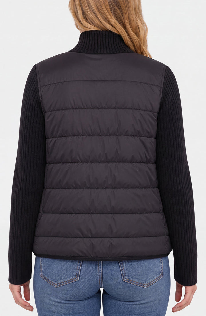Long Sleeve Zip Front Quilted Sweater Jacket in Black