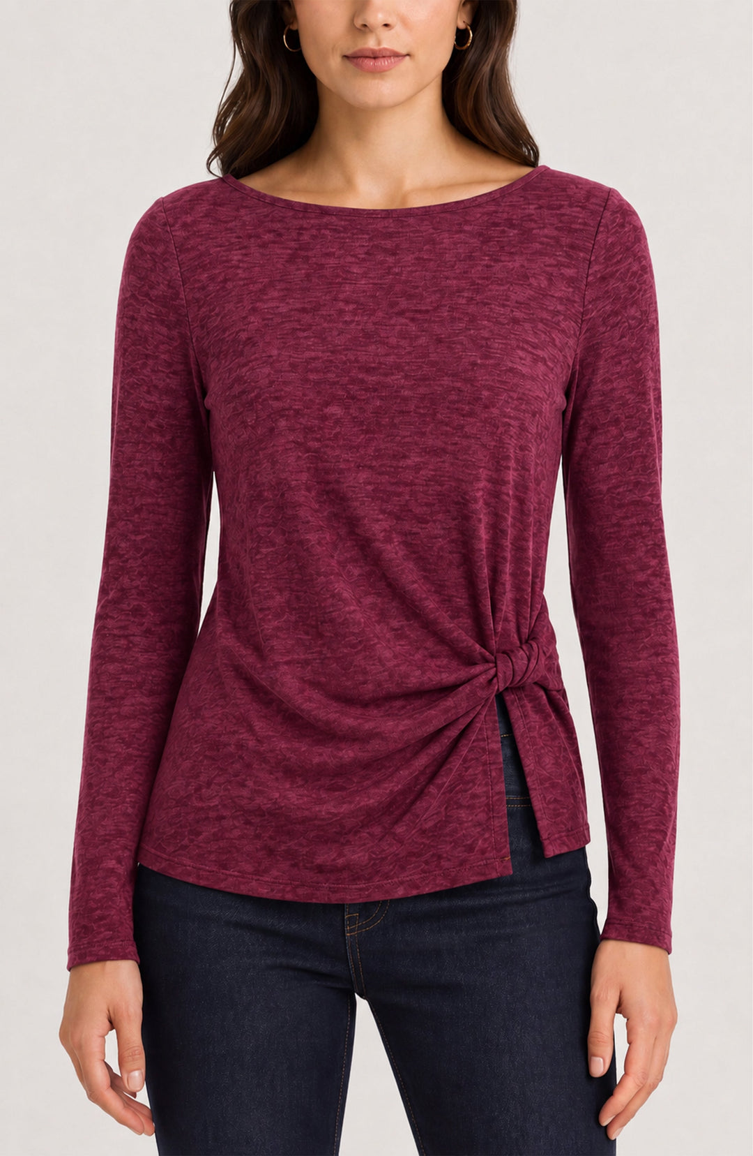 Long Sleeve Boat Neck Knit Top W/ Twist Detail in Cranberry Melange
