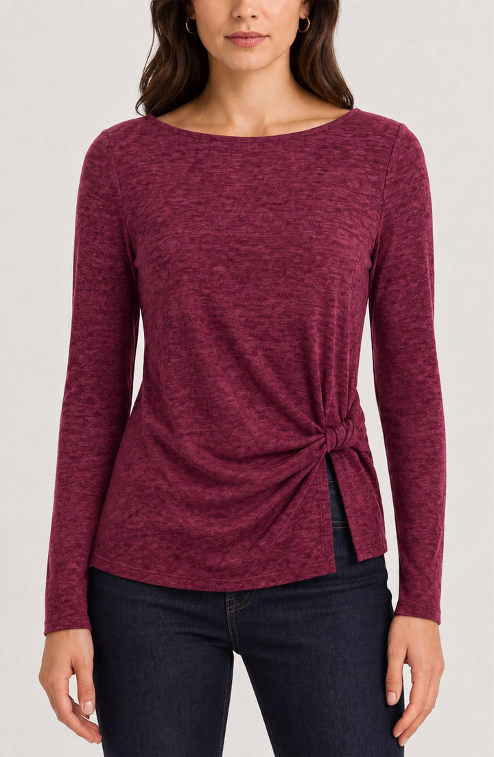 Long Sleeve Boat Neck Knit Top W/ Twist Detail in Cranberry Melange