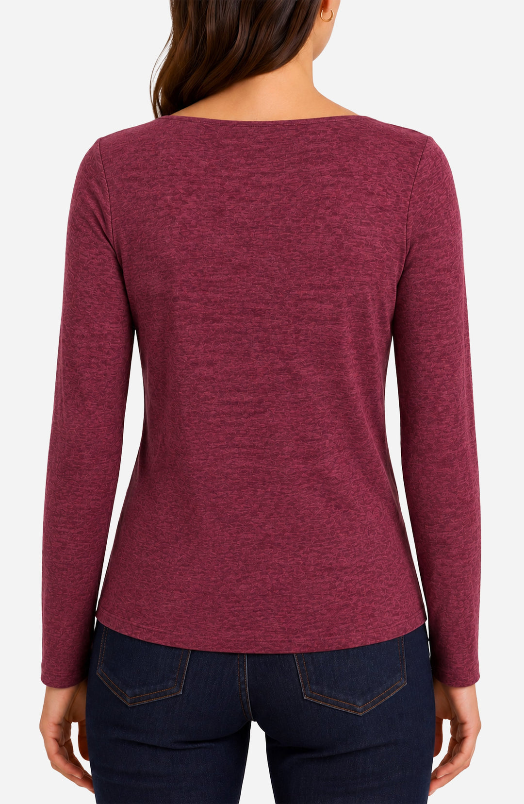 Long Sleeve Boat Neck Knit Top W/ Twist Detail in Cranberry Melange