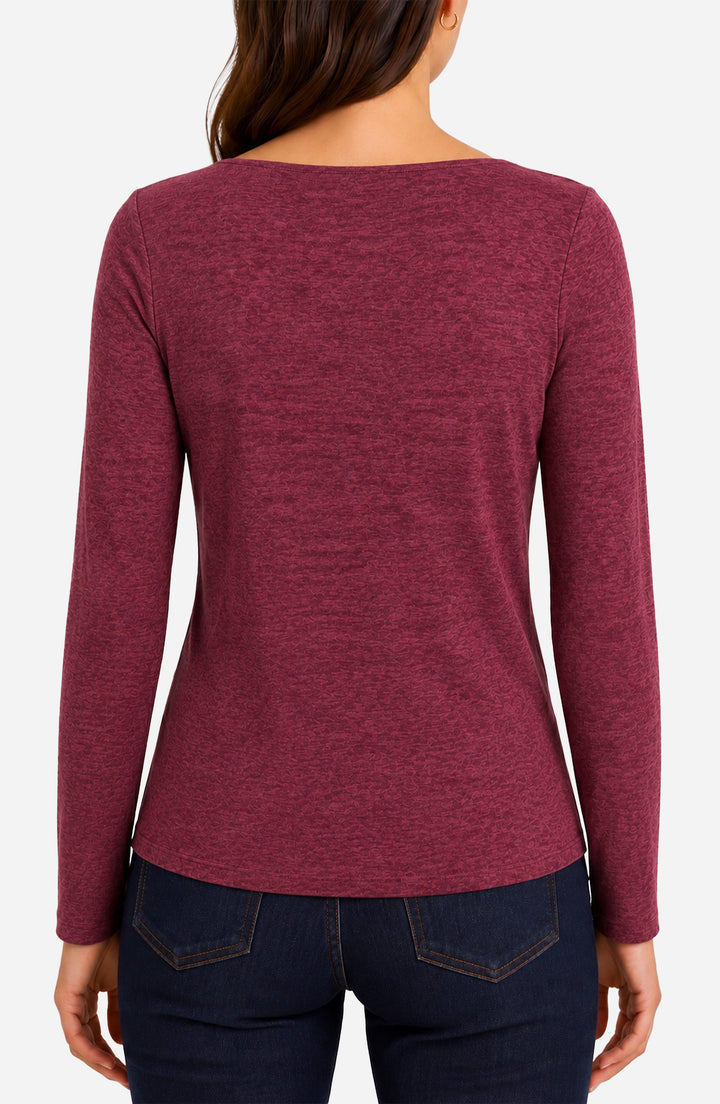 Long Sleeve Boat Neck Knit Top W/ Twist Detail in Cranberry Melange