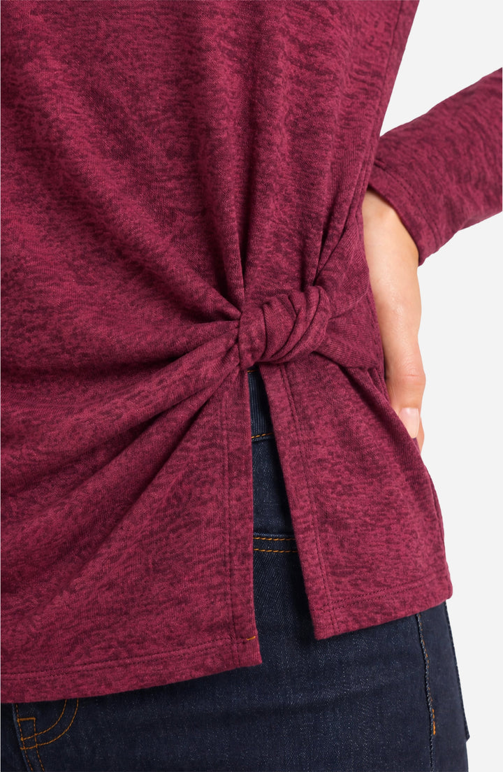Long Sleeve Boat Neck Knit Top W/ Twist Detail in Cranberry Melange